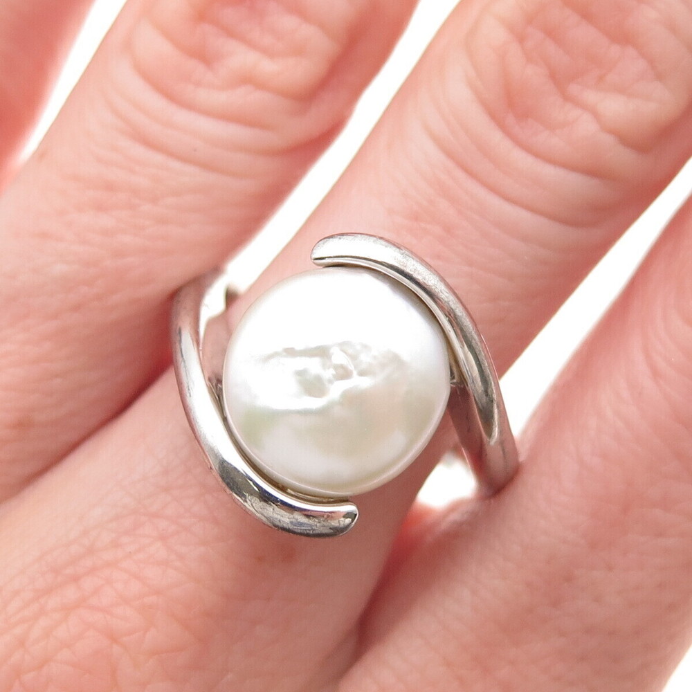 925 Sterling Silver Real Pearl Bypass Ring Size 10.25